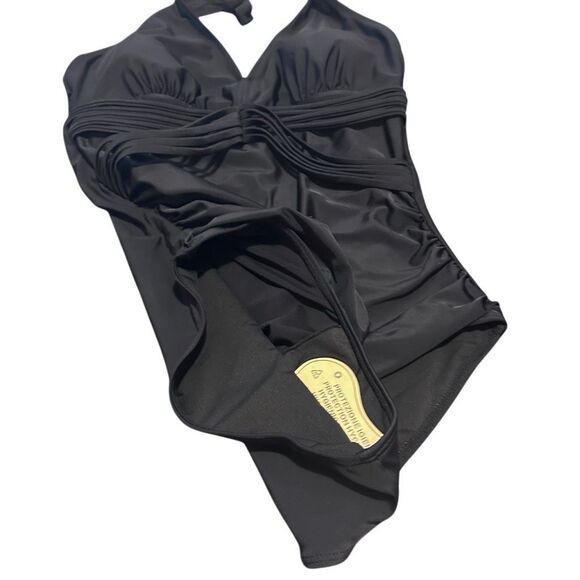 Smismivo Black Size L Tummy Control Ruched Swimwear Halter One Piece Swimsuit Ba - Picture 7 of 10